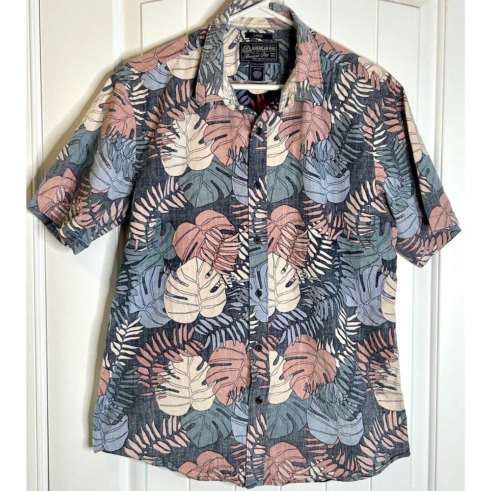 American‎ Rag L Men's Short Sleeve Leaf Print Button Down Shirt